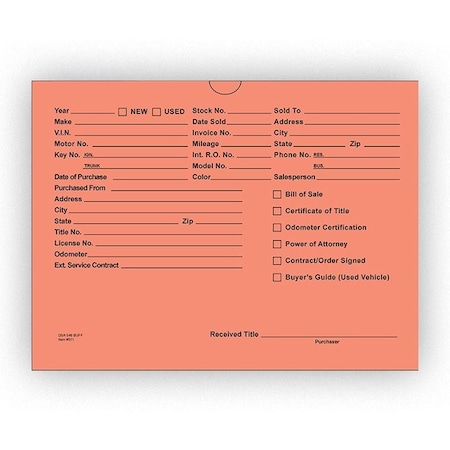 Car Dealer Depot Vhicl Deal Envelopes (Deal Jackets) Printed, 9" X 12", Dsa-546:Salmon Pk 517-100